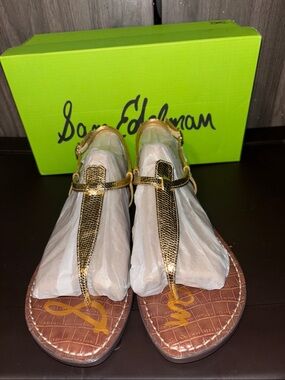 Sam Edelman Gold Metallic T-Strap Snake-Embossed Sandals